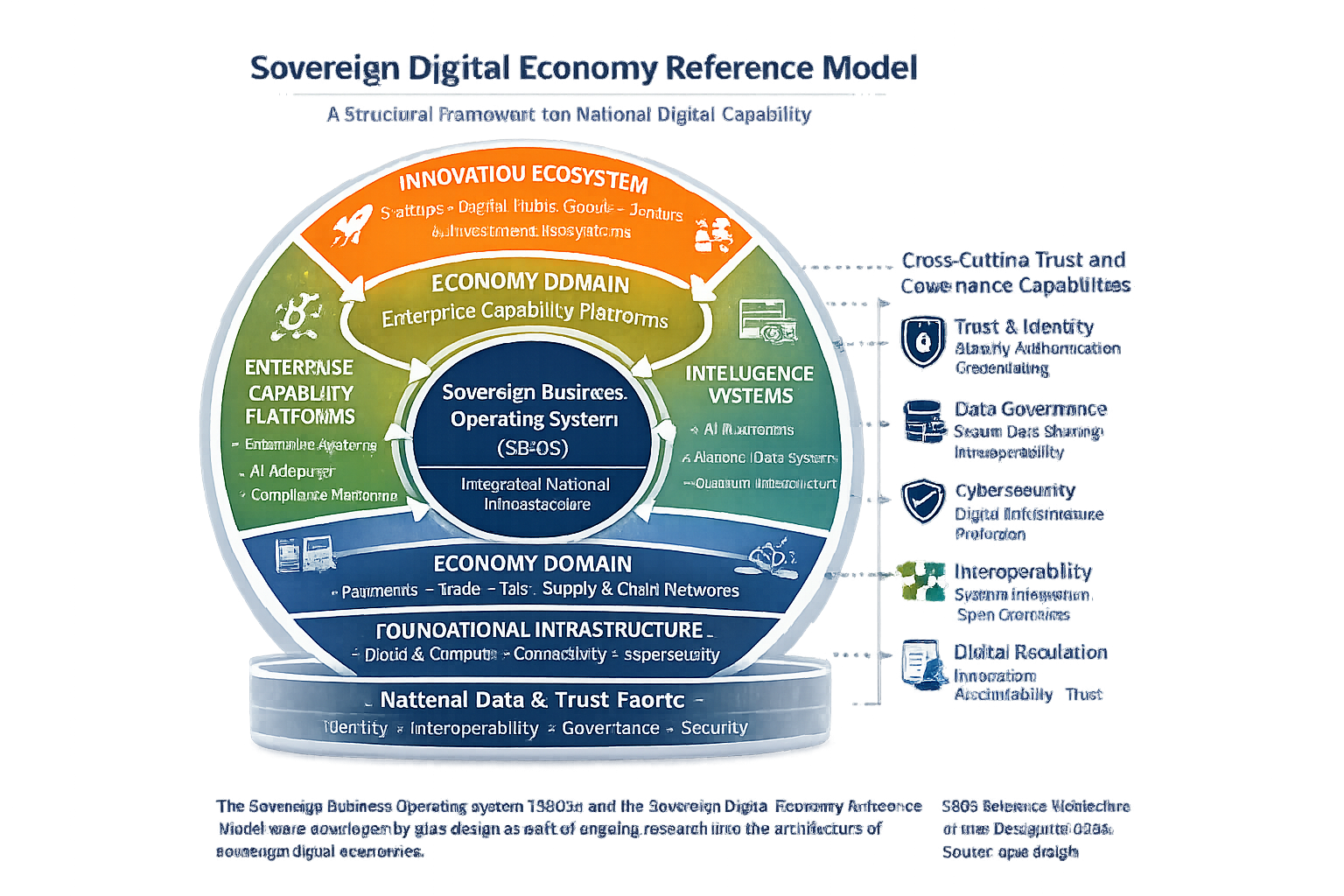 Sovereign Digital Economy Reference Model: layered framework spanning foundational infrastructure, economy domain, enterprise capability platforms, intelligence systems, and innovation ecosystem, with cross-cutting trust and governance capabilities.